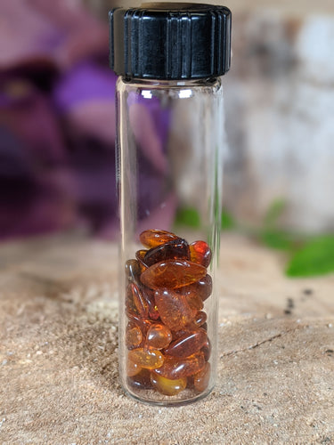 Small chips of amber in a black capped vial.