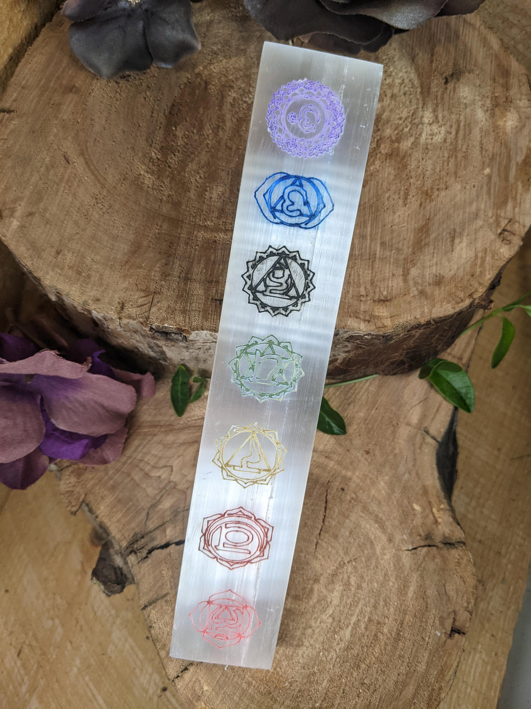 Selenite Charging Plate with Chakra Symbols - Color